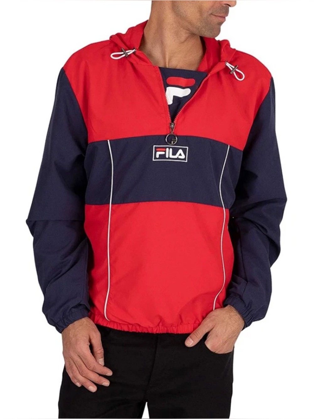 FILA Men's Red/Blue Colorblock Hooded Windbreaker Half Zip Pockets L
